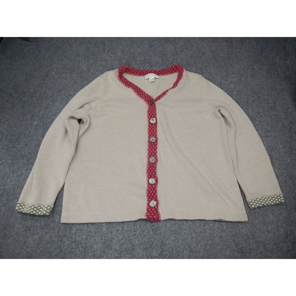 CJ Banks Cardigan Sweater Size 1X Beige Knit with‎ Red Trim Button Elbow Patches